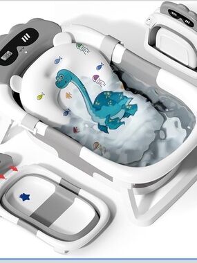 New - Collapsible Baby Bathtub with Cushion Thermometer Foldable Infant Toddler